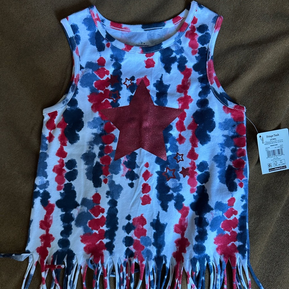 Celebrate It Red and Blue Tie-Dye Tank Top with Fringe 5T girls